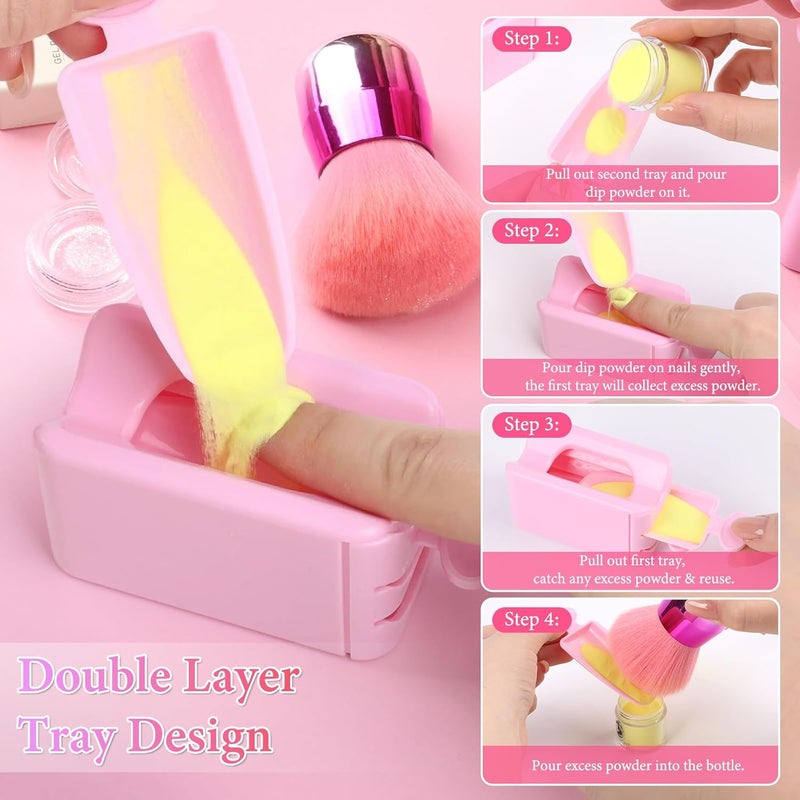 heemeei Dip Powder Recycling Tray System, Portable Nail Dip Powder Tray Kit with Nail Dust Brush, Glass Nail File, French Nail Art Manicure Essential Tool, Makeup Tool Glitter Saver - Image 3